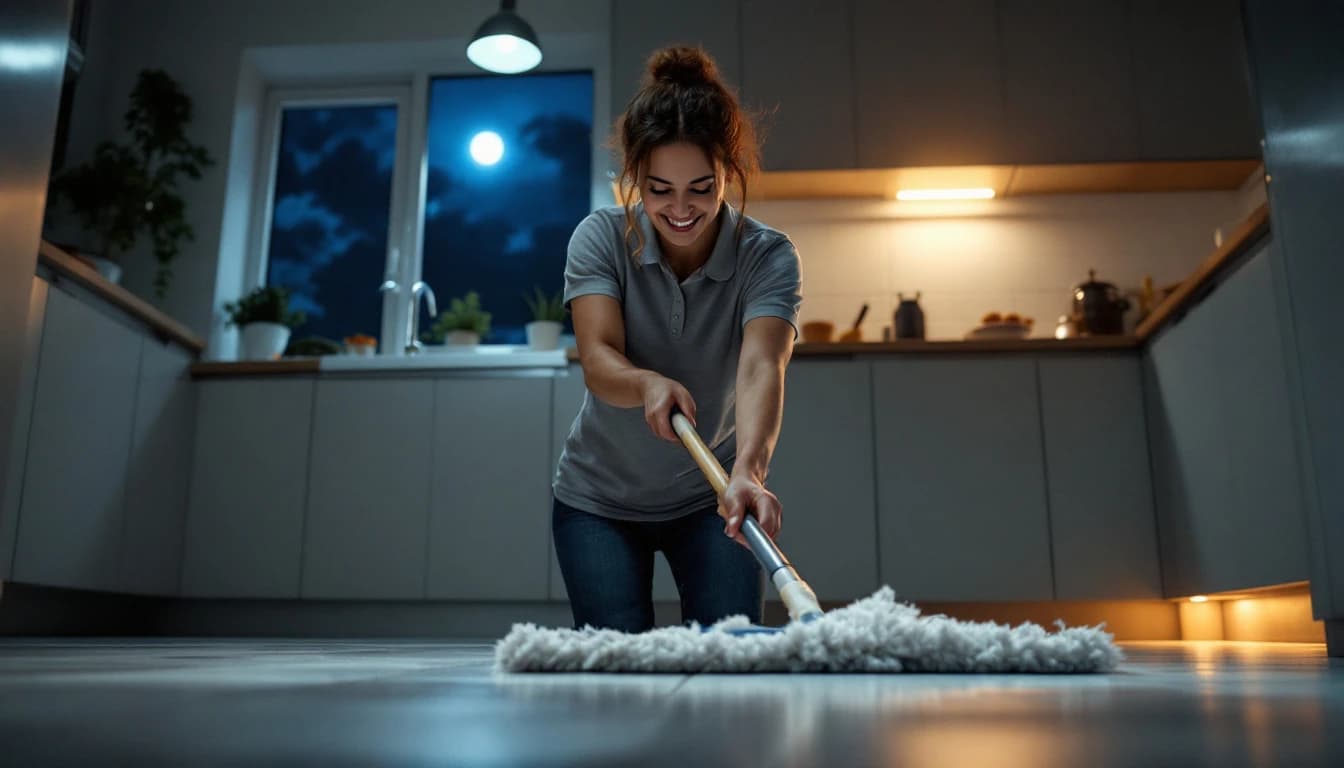 Cheerful housekeeper mopping a tidy Fort Worth kitchen floor in the early evening, warm under-cabinet light on and deep blue dusk sky through the window