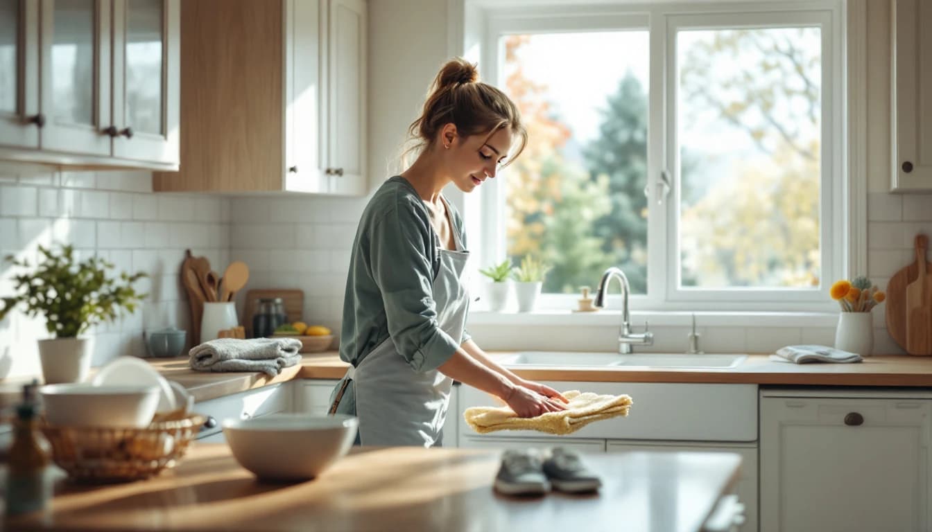 A cleaner wiping down kitchen counters on a Saturday morning in a lived-in Fort Worth family home