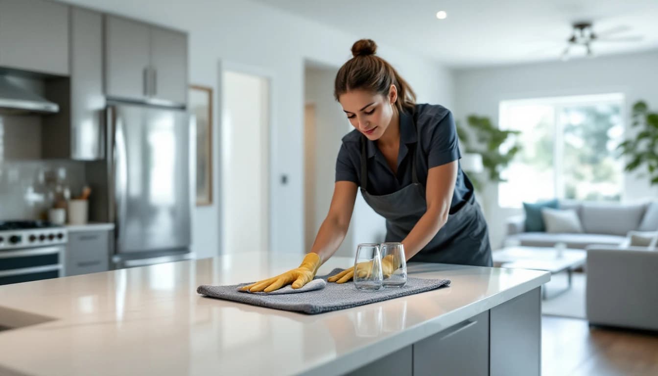 Cleaner resetting a bright Arlington TX short-term rental kitchen between event-weekend guests