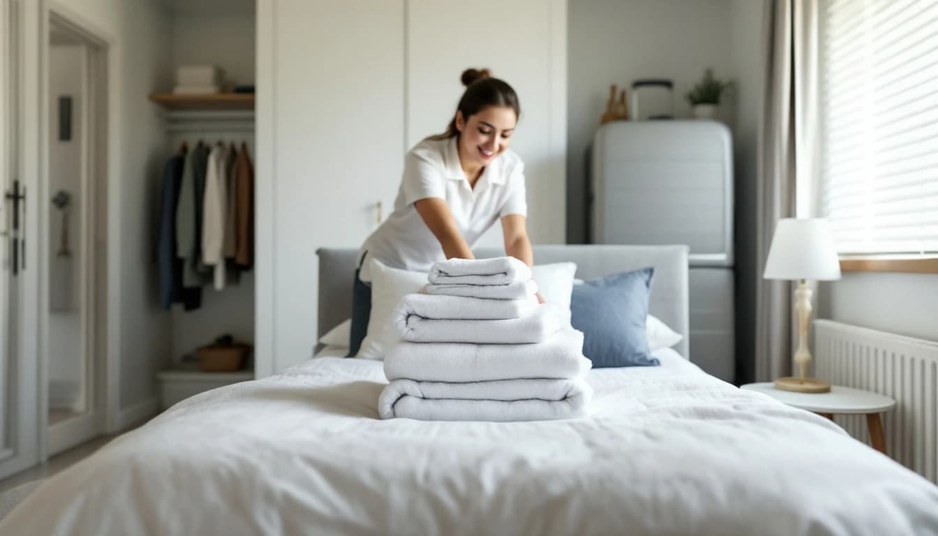 Cleaner making a bed with crisp white linens in a compact Bedford, TX short-term rental bedroom