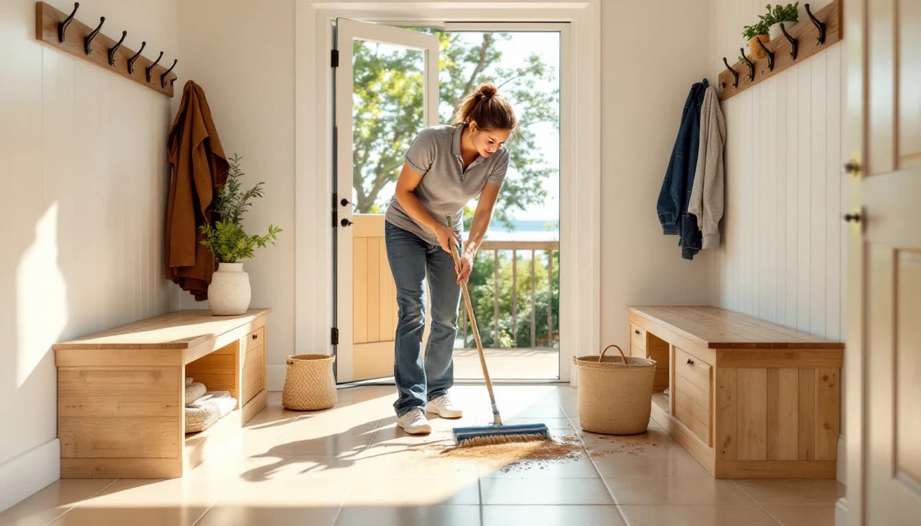 Cleaner vacuuming a rug near a back door with kayak paddles and a dog bed in a Benbrook, TX short-term rental living room