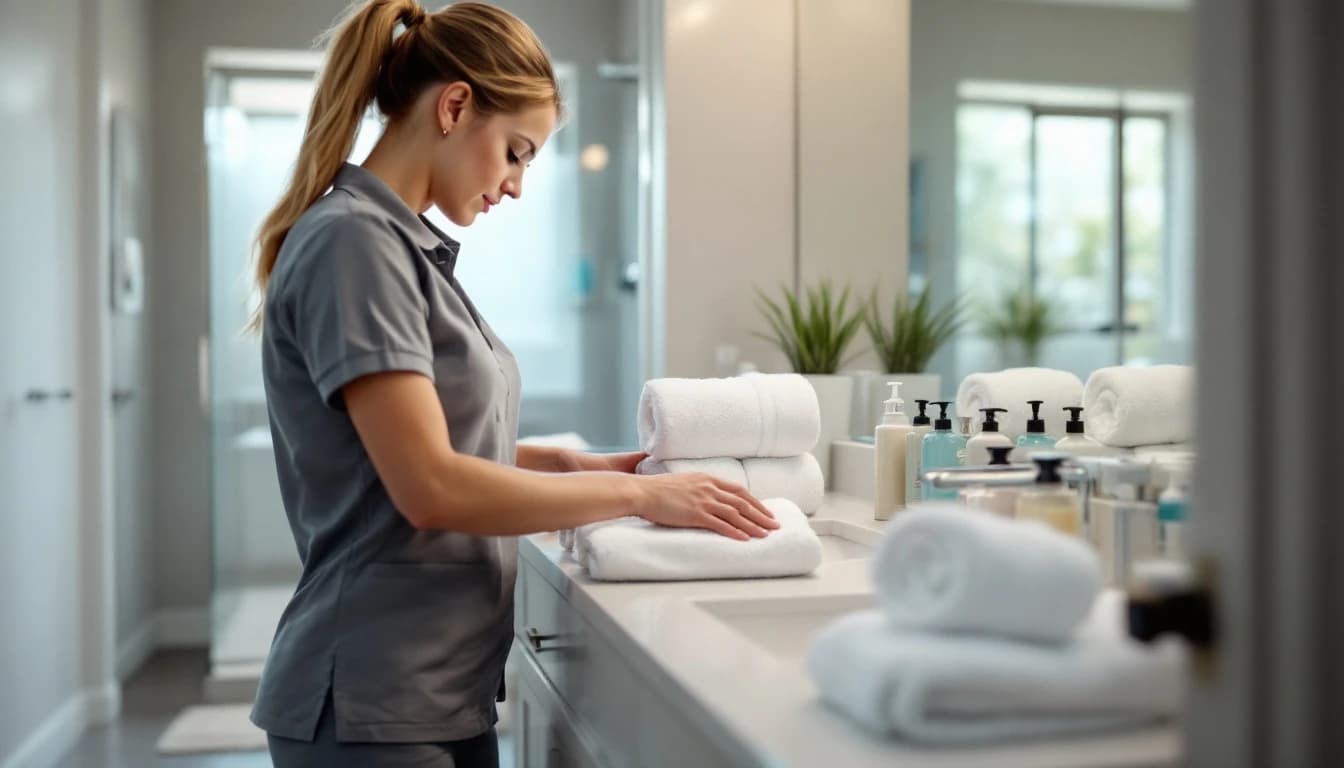 Housekeeper restocking a short-term rental bathroom in Burleson, TX, arranging rolled white towels and setting out fresh toiletries