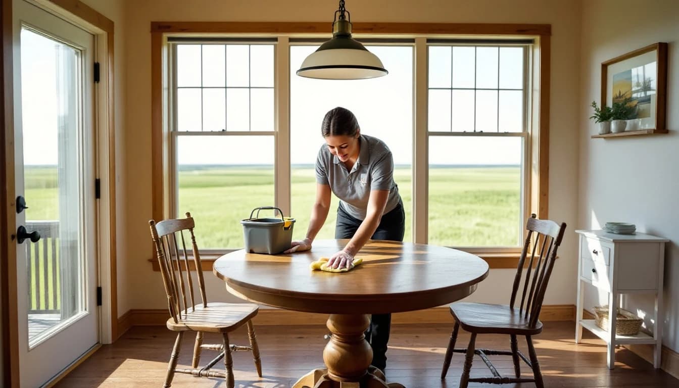 Cleaner wiping down a farmhouse kitchen counter in a rural short-term rental near Cleburne, TX with a screened porch visible through the window