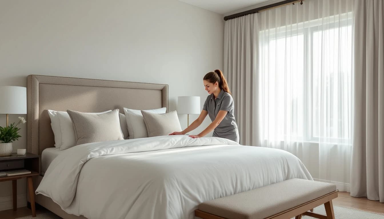 Housekeeper in a grey polo smoothing a plush white duvet across a king bed in a spacious upscale Colleyville, TX short-term rental primary bedroom with an upholstered headboard and drapes framing a sunlit window
