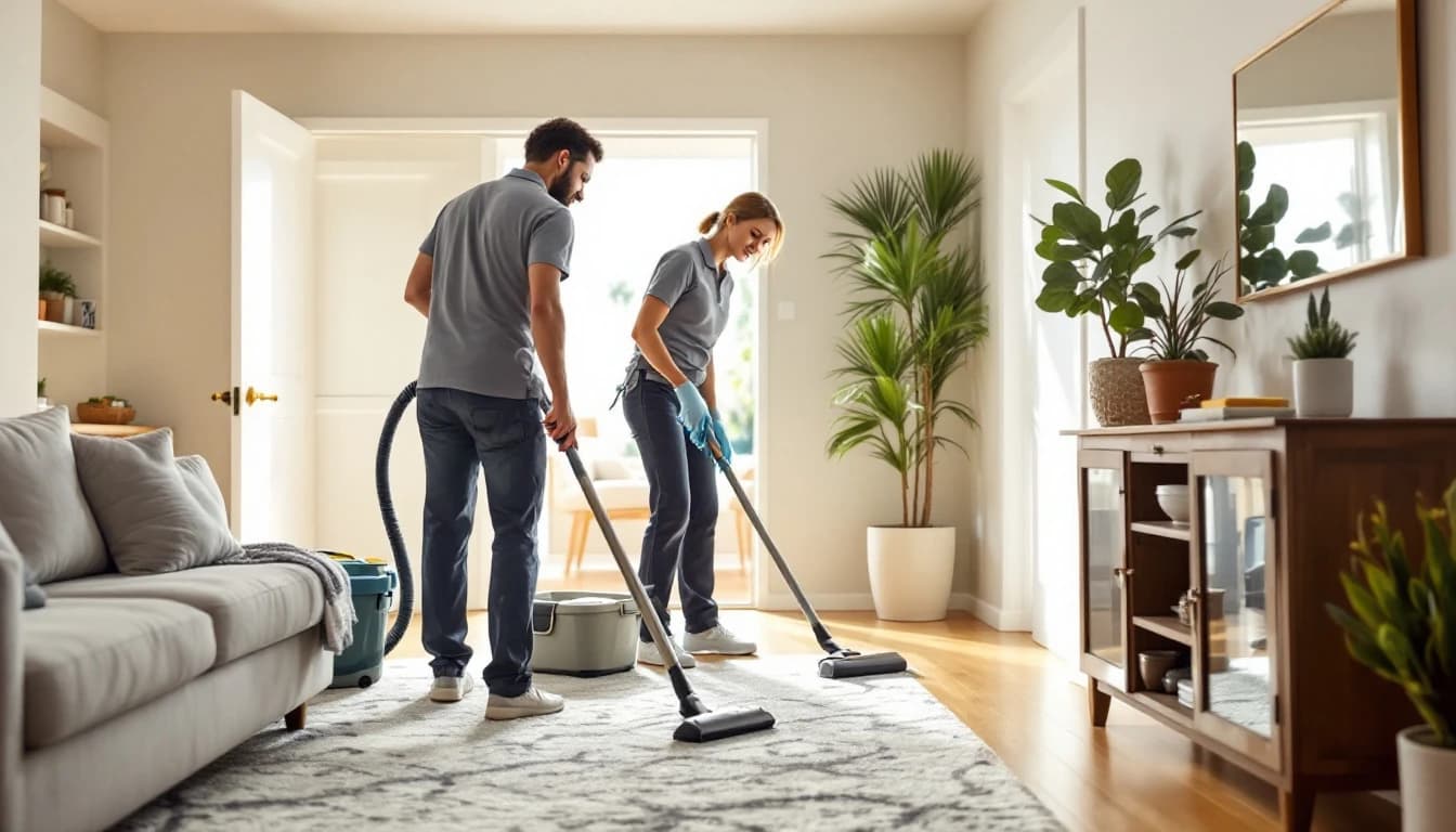Two housekeepers in grey polos working as a team in a DFW short-term rental living room, one vacuuming and one wiping a console table, supply caddies by the door
