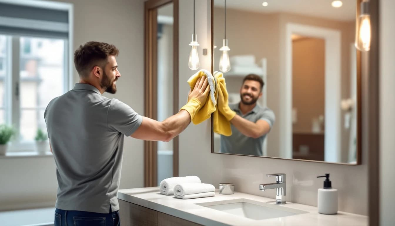Cleaner in a grey polo polishing a large bathroom mirror in a compact modern Euless, TX rental condo with a quartz vanity, rolled white towels, and bright vanity lighting
