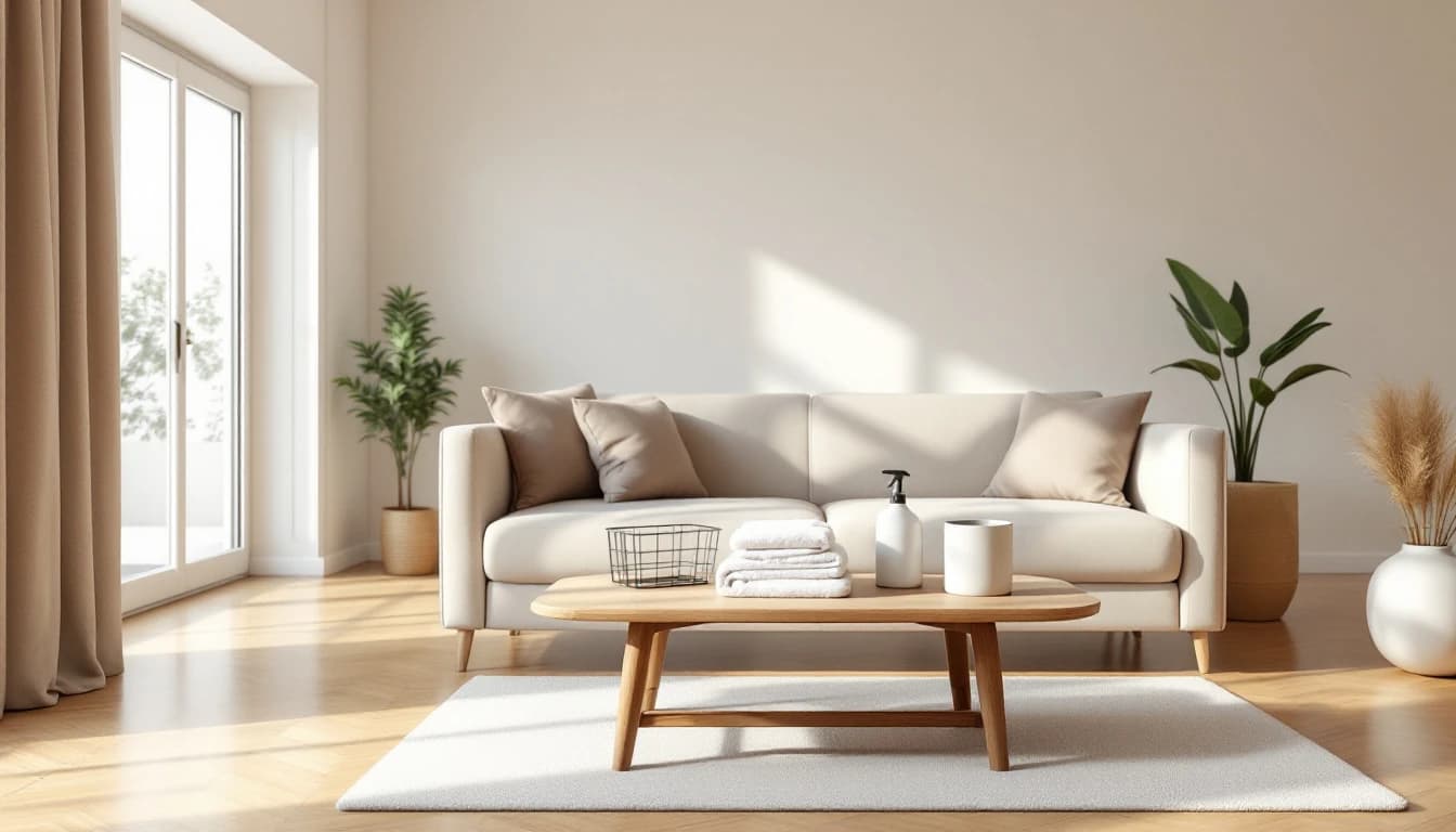 Spotless open-plan short-term rental living room in DFW with neatly folded white towels stacked on a wooden coffee table beside a cleaning caddy