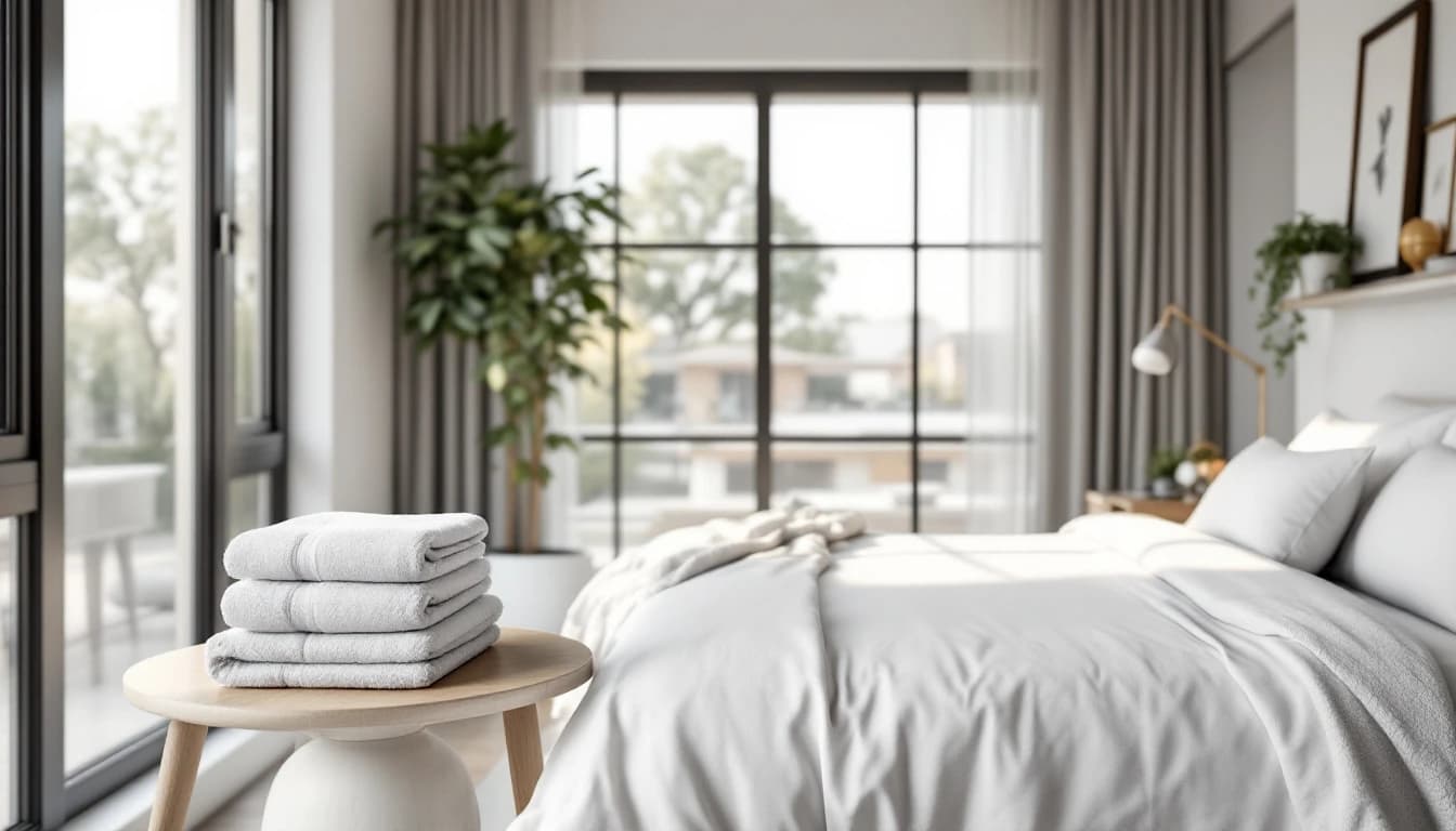 Professional cleaner preparing a bright Fort Worth Airbnb living room between guest stays