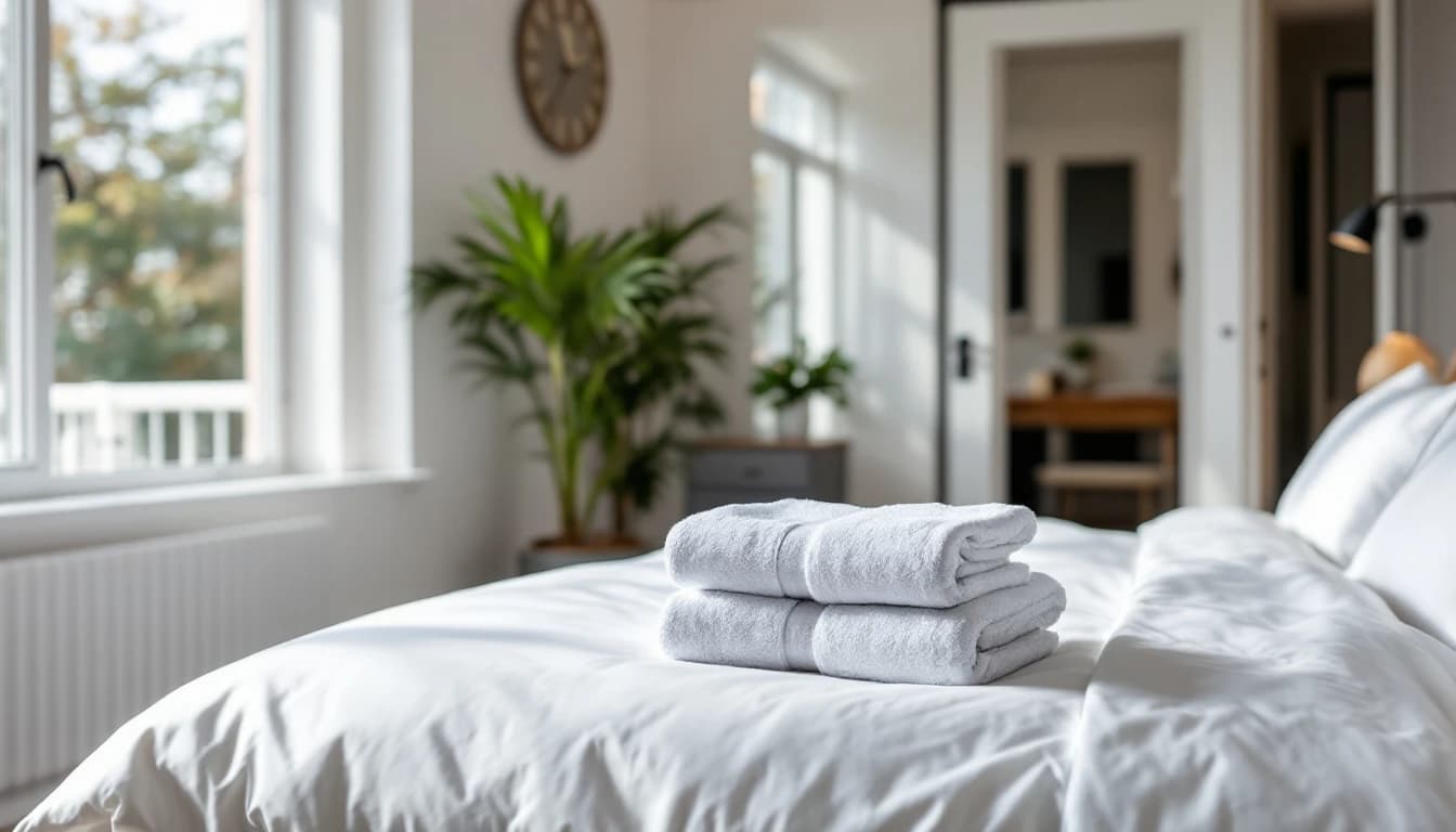 Freshly turned-over Fort Worth Airbnb bedroom with crisp white staged bedding and fanned towels
