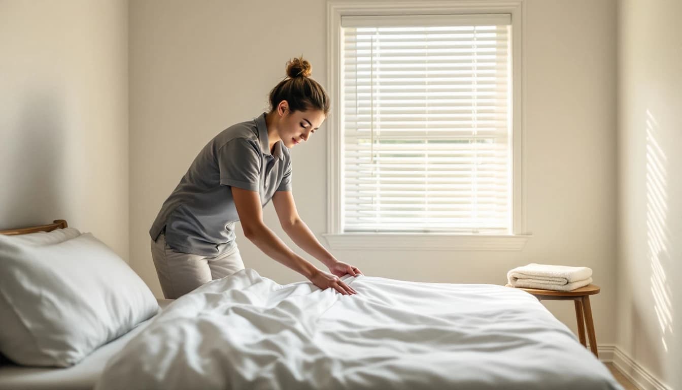 Cleaner making a bed with fresh white linens in a small brick ranch short-term rental bedroom in Haltom City, TX
