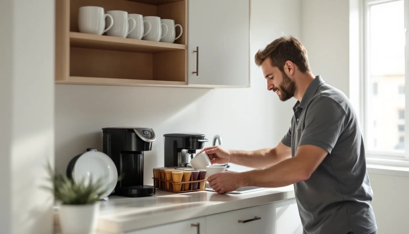 Cleaner wiping a kitchen counter in a compact Hurst, TX apartment used as a short-term rental