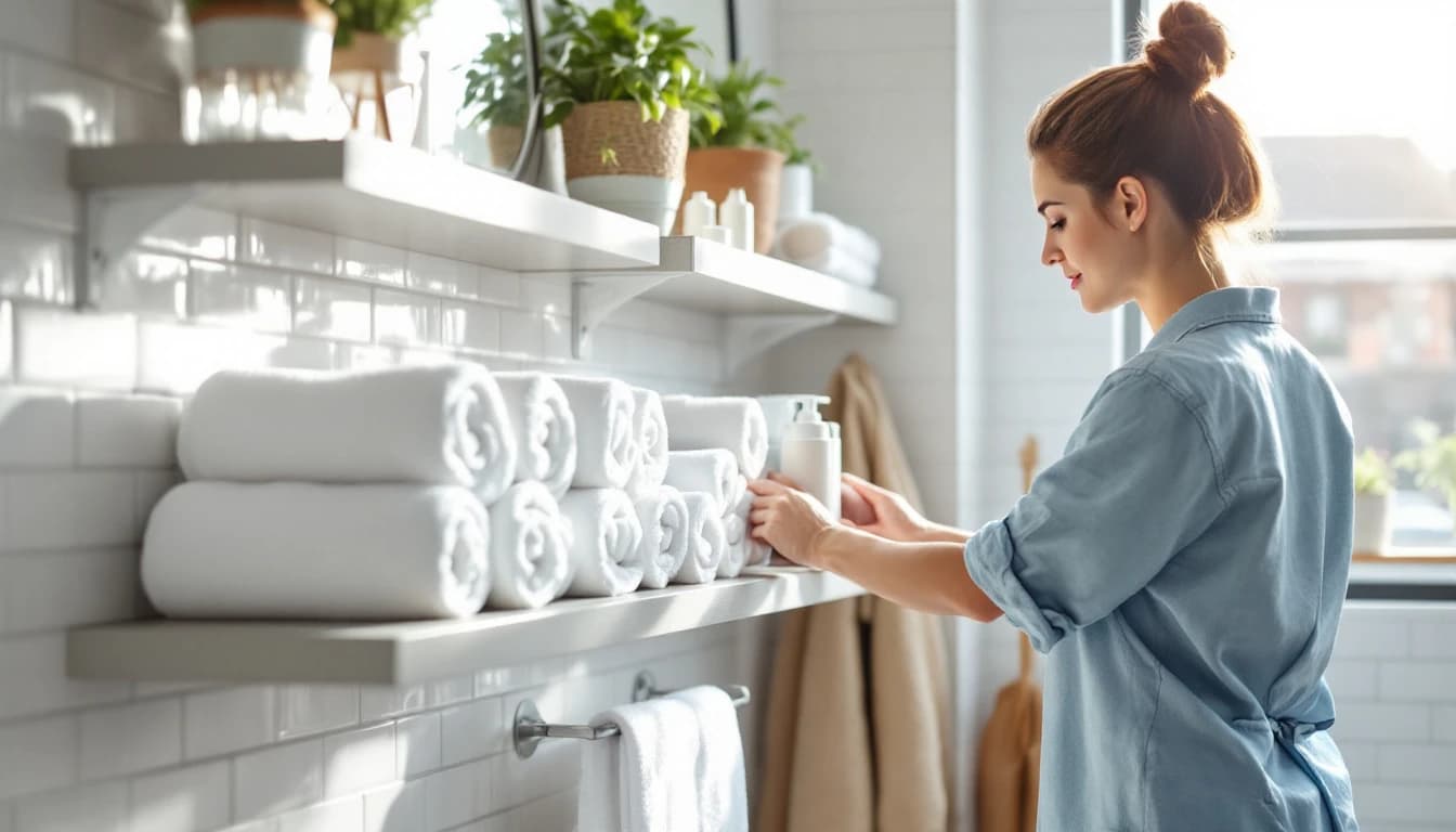 Cleaner restocking guest amenities and arranging rolled white towels on a floating shelf in a contemporary Keller, TX short-term rental bathroom with subway tile