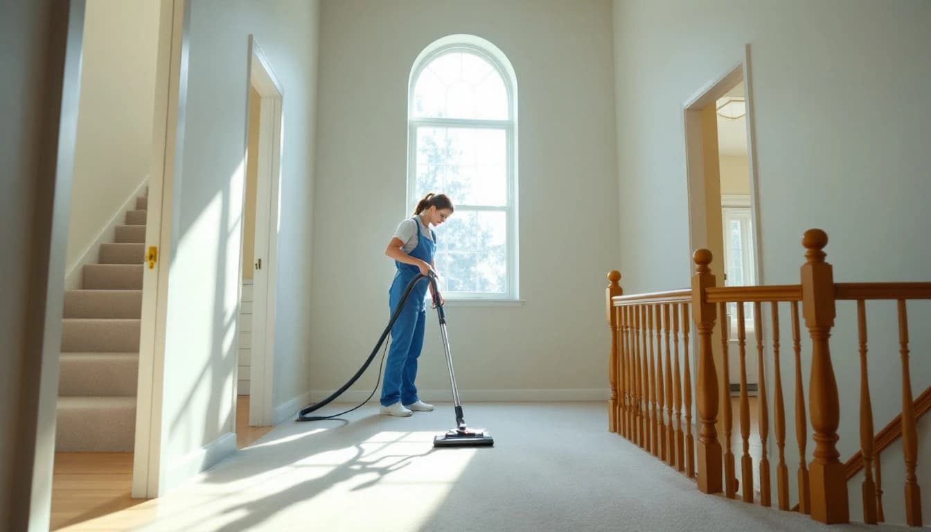 Cleaner resetting a large open kitchen and patio door in a Mansfield TX short-term rental between family stays