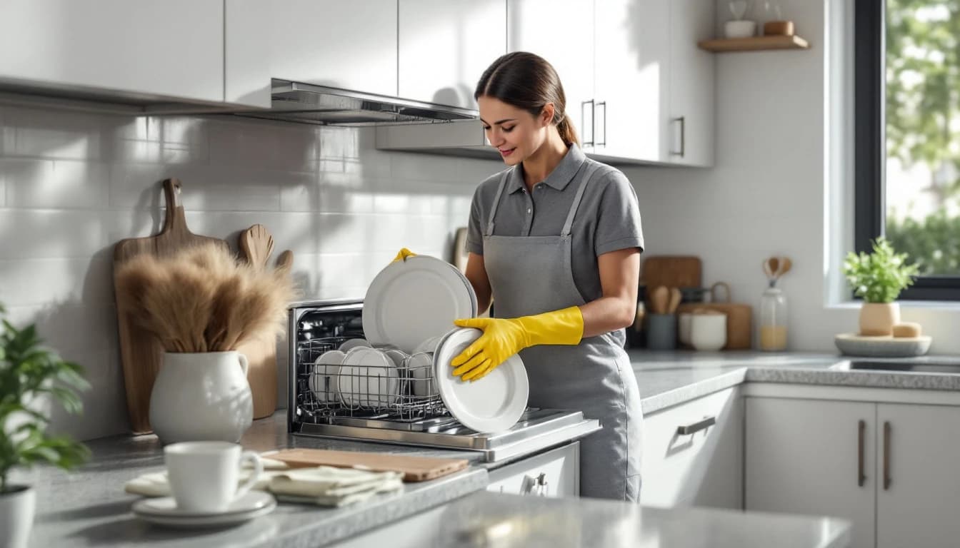 Cleaner in a grey polo unloading clean white plates from an open dishwasher into an upper cabinet in a North Richland Hills, TX rental townhome kitchen with mugs lined up on a wiped granite counter