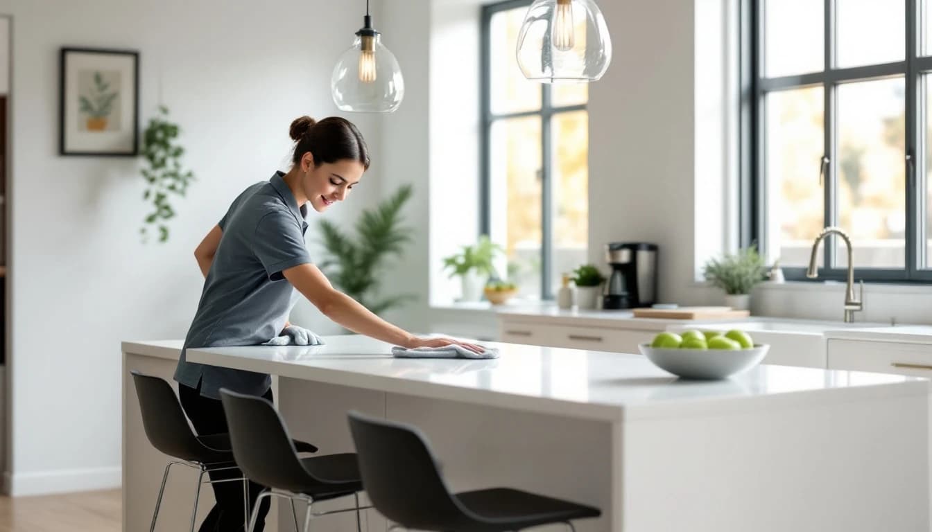 Cleaner setting out fresh towels and a coffee station in a bright modern short-term rental kitchen in Roanoke, TX