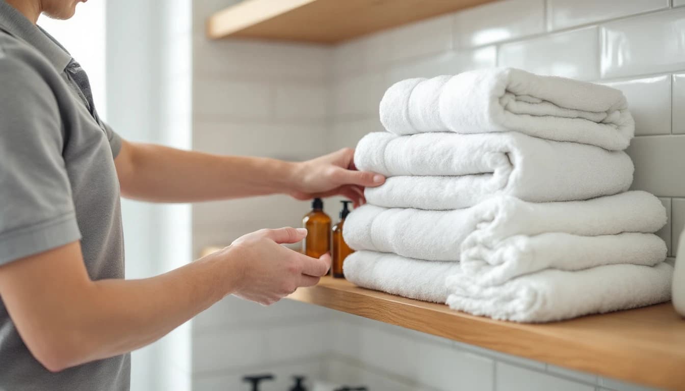 Housekeeper in a grey polo stacking folded white towels and setting out toiletry bottles on a bathroom shelf in a DFW short-term rental