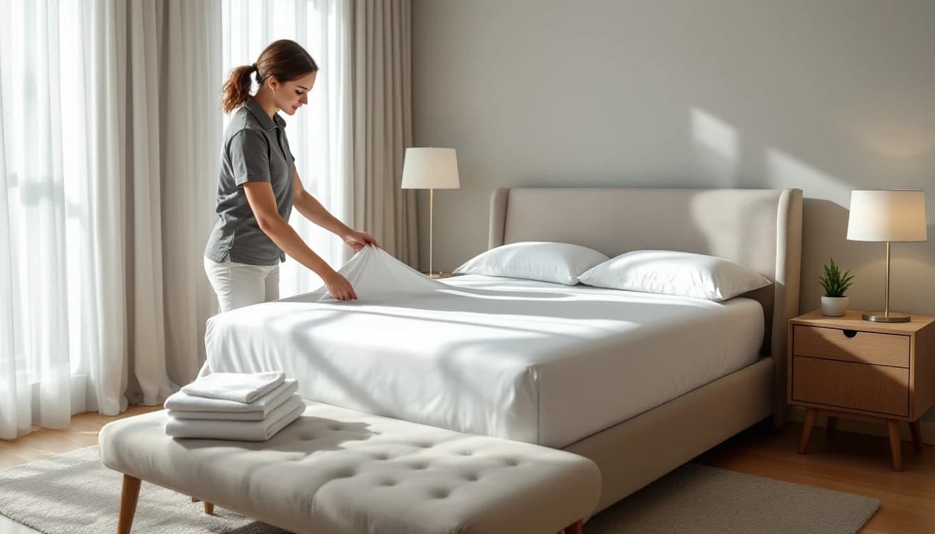 Housekeeper in a grey polo pulling a fresh white sheet over the bed of a DFW short-term rental during a same-day turnover