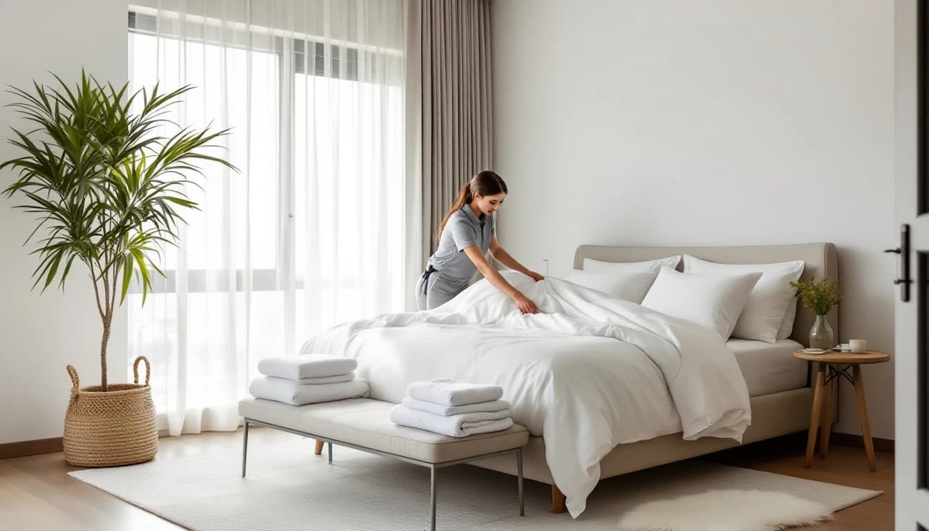 Cleaner remaking a bed with fresh white linens during an Airbnb turnover in a DFW short-term rental