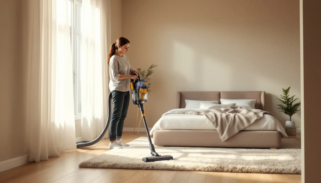 Cleaner using a HEPA vacuum on a rug in a bright, allergy-friendly DFW bedroom