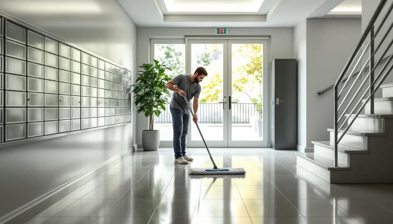 Cleaner mopping the tiled lobby floor of a Fort Worth apartment building beside the mailboxes and stairwell