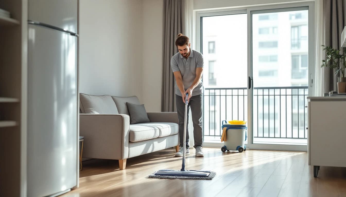 Cleaner mopping the hard-surface floor of a bright open-plan apartment living area with a balcony door behind