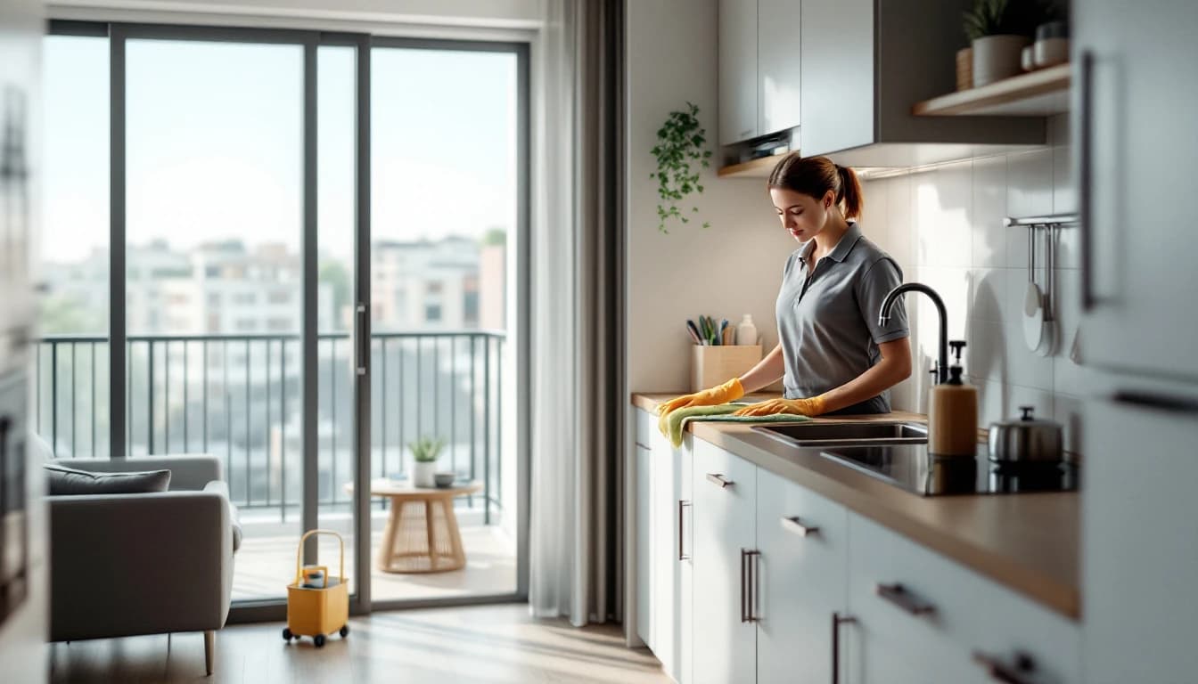 Cleaner wiping a kitchen counter in a one-bedroom DFW apartment with a balcony door in the background