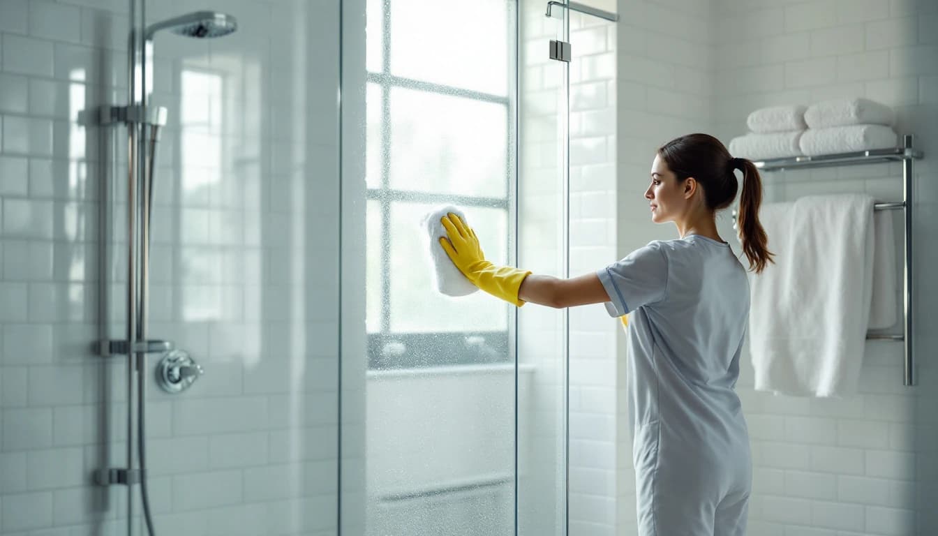 Maid polishing a glass shower door in a bright white-tiled Fort Worth bathroom