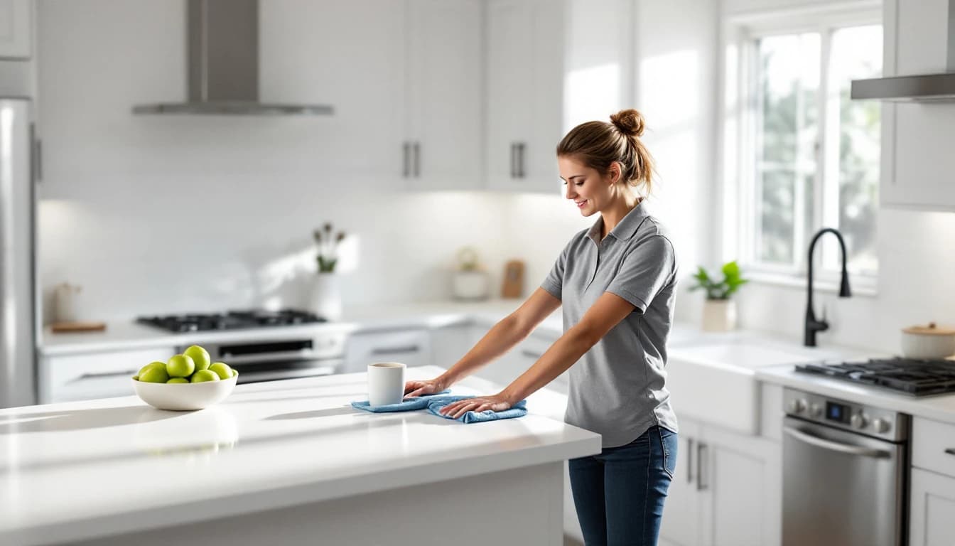 A housekeeper wiping down a bright kitchen counter during a bi-weekly house cleaning visit in a DFW home