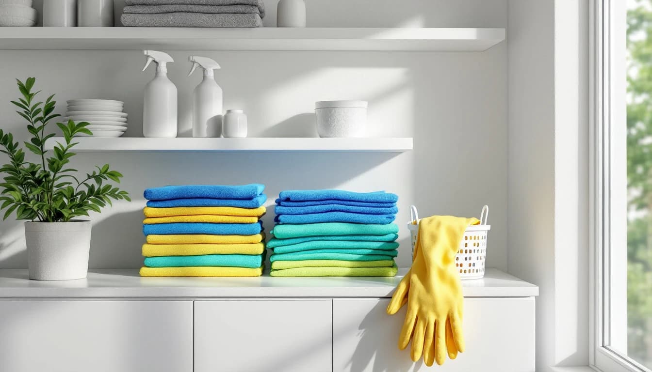 Neatly organized cleaning supply caddy with unlabeled spray bottles and microfiber cloths on a laundry room shelf above a closed cabinet