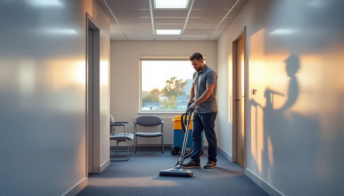 Cleaner disinfecting a break room counter in a small commercial office suite in the Dallas-Fort Worth area