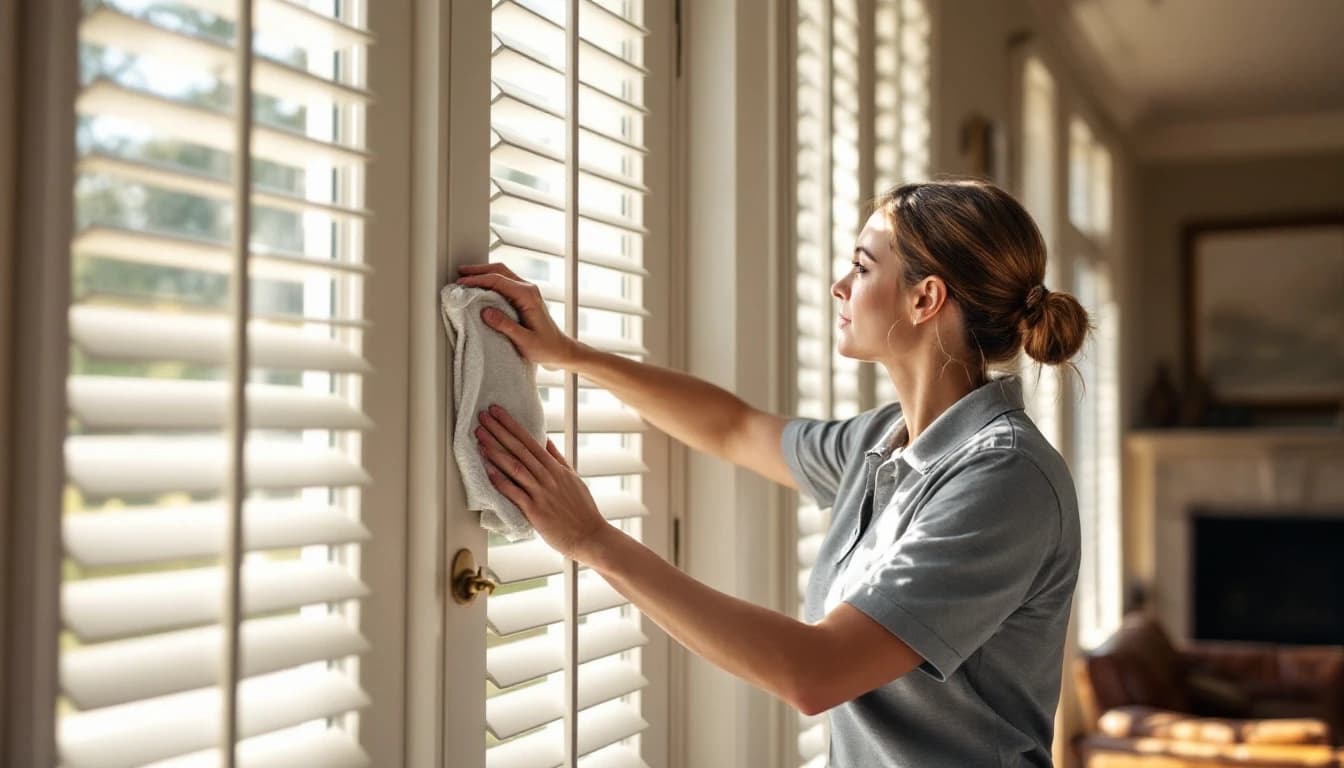 Cleaner dusting the slats of white plantation shutters beside a tall window in a large Aledo, TX home with a view of open Parker County land