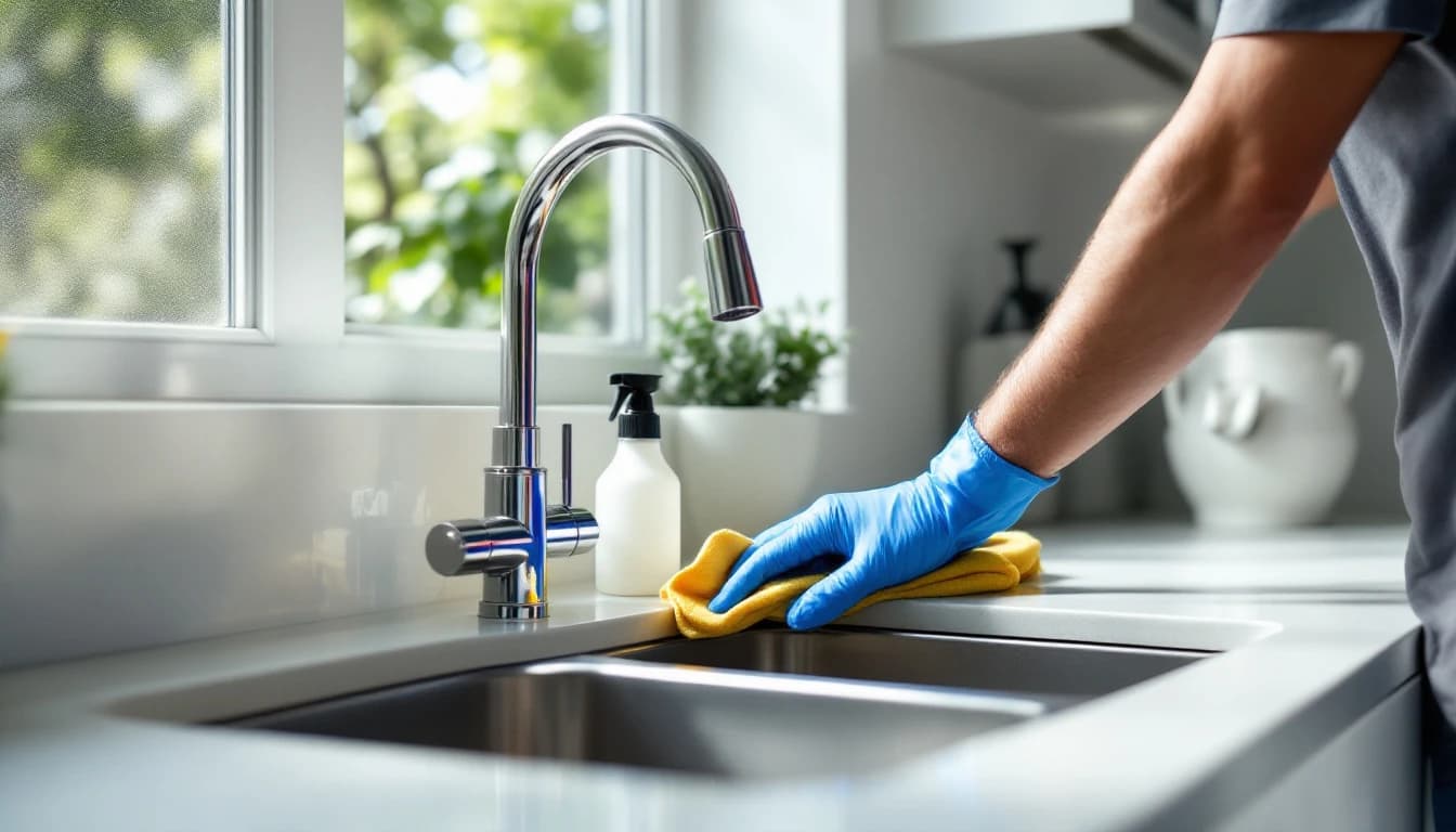 Housekeeper in blue gloves polishing hard-water spots off a chrome kitchen faucet and stainless sink in an Azle, TX home