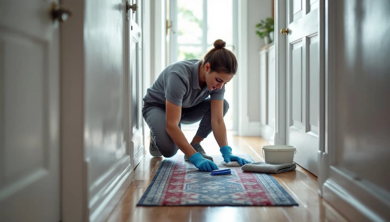 Housekeeper in a grey polo and blue gloves crouching to scrub a white baseboard and door frame with a detail brush in an older Benbrook, TX hallway with a runner rug