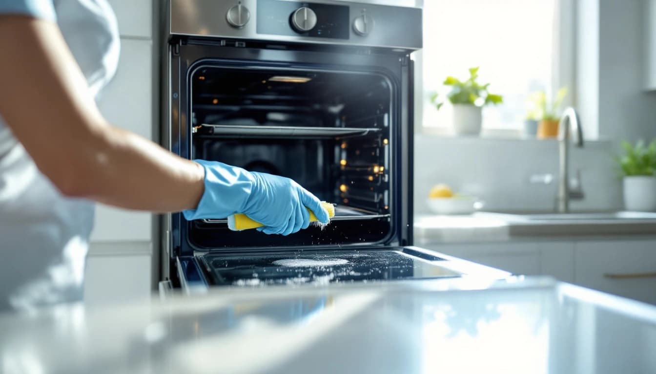Cleaner in gloves scrubbing the interior of an open oven with a detail brush during a deep clean in a Crowley, TX home
