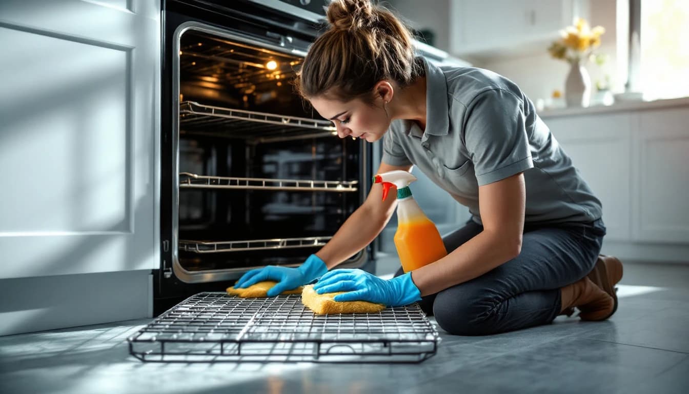 Cleaner in a grey polo and blue gloves kneeling to scrub inside an open stainless oven in a bright white Fort Worth kitchen, racks resting on a mat beside her