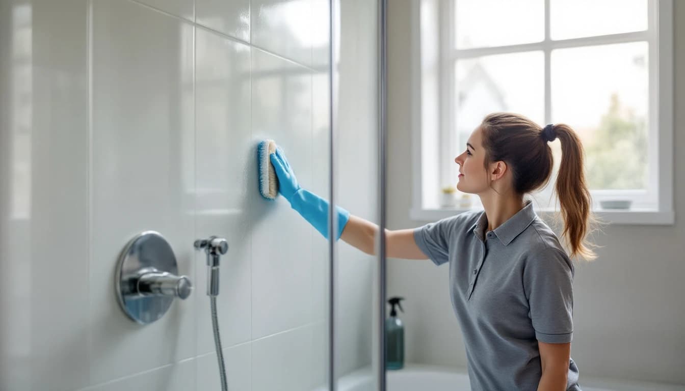 Housekeeper in a grey polo and blue gloves scrubbing hard-water buildup off a tiled shower wall and chrome fixture in a Haltom City, TX bathroom, glass door open and spray bottle on the tub ledge