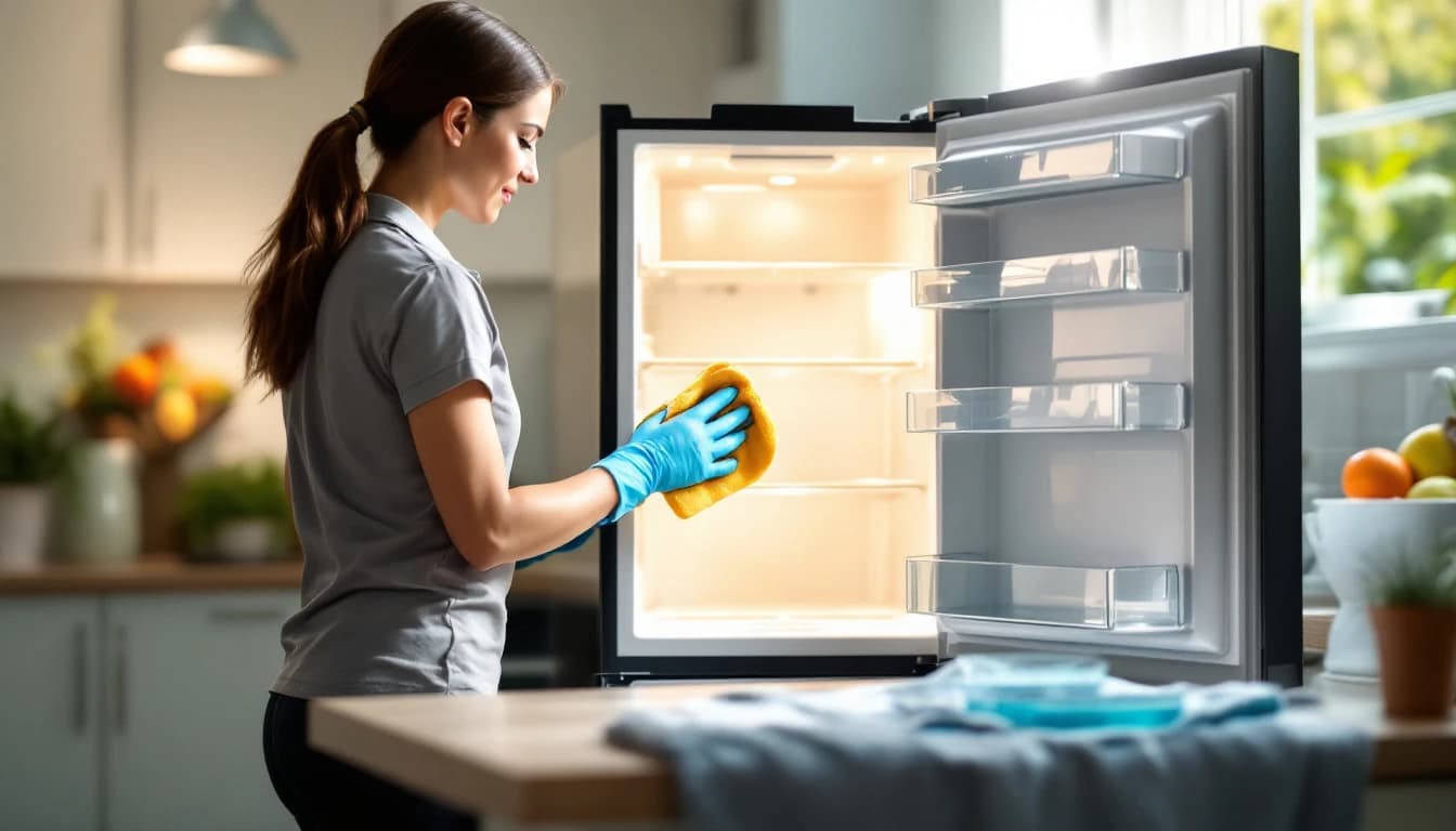 Housekeeper in a grey polo and blue gloves wiping out an empty refrigerator during a first-visit deep clean in a Joshua, TX home