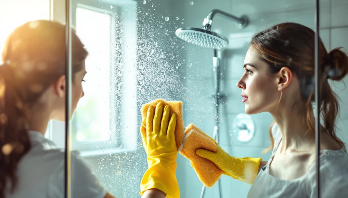 Cleaner scrubbing mineral buildup from a shower door track during a deep clean in a Kennedale, TX home