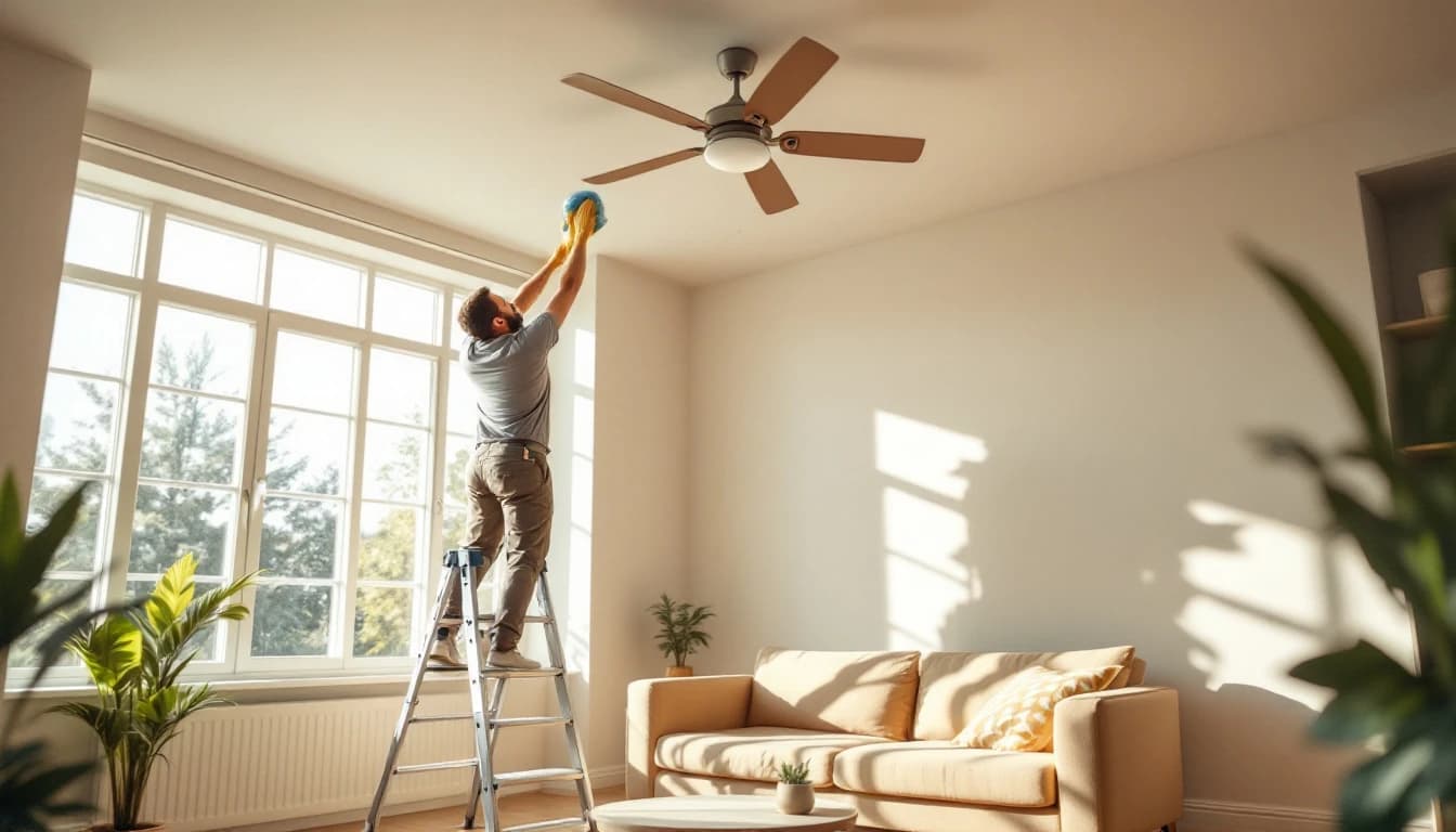 Cleaner on a small step ladder wiping thick dust from the blades of a ceiling fan in a Saginaw, TX living room