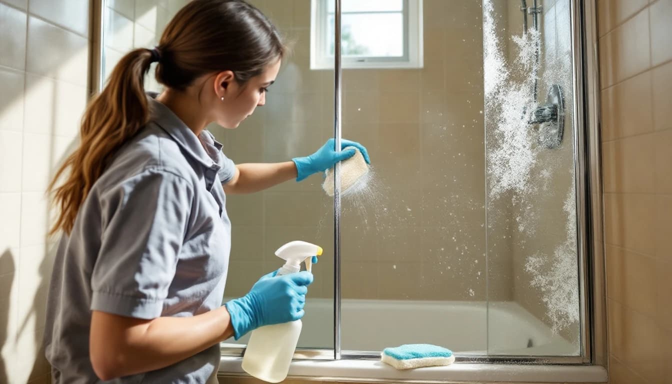 Cleaner scrubbing original bathroom tile grout during a deep clean in an older White Settlement, TX home