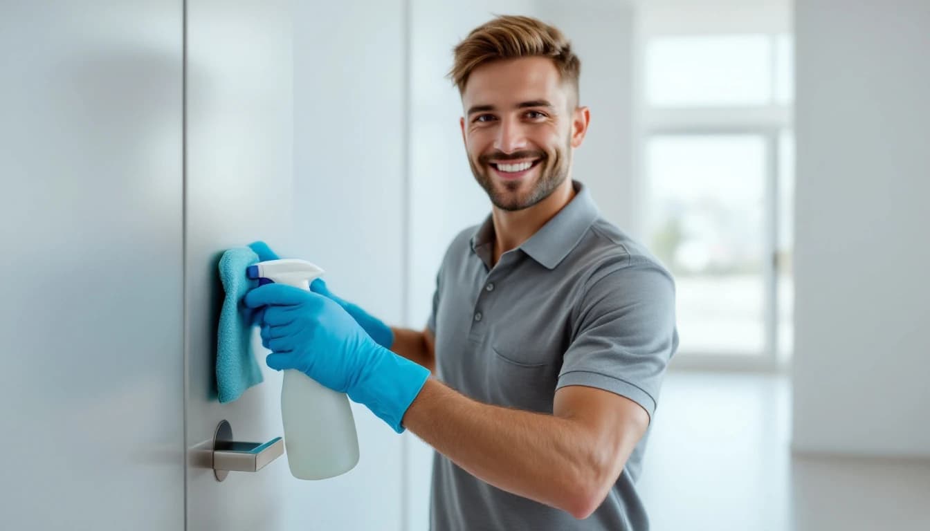 Cleaner disinfecting a door handle and light switch plate in a Fort Worth home