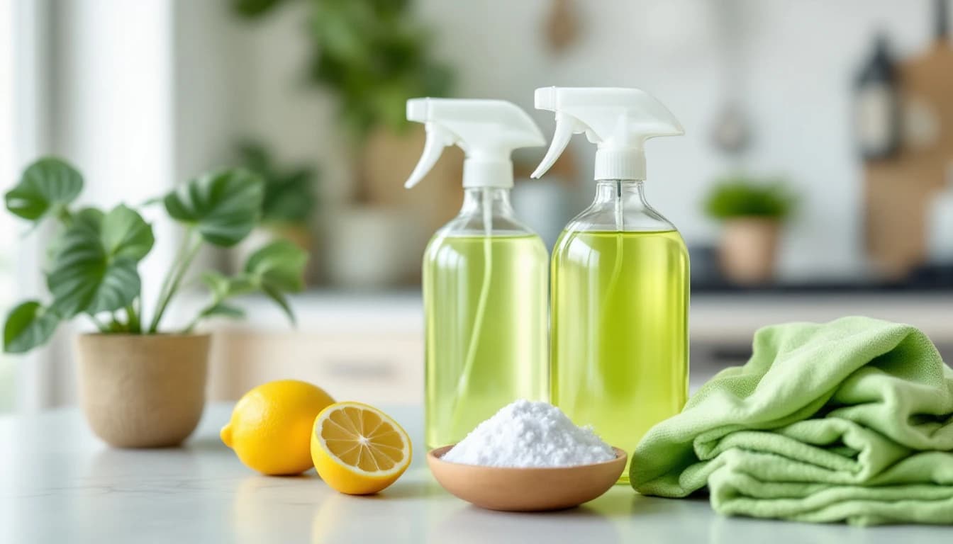Eco-friendly cleaning supplies on a kitchen counter โ glass spray bottles, lemon, baking soda, and green microfiber cloths