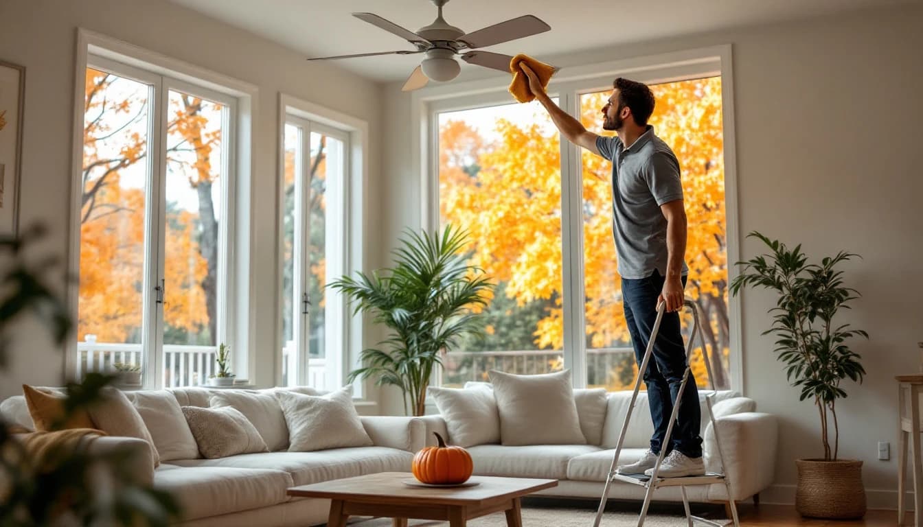 Cleaner in a grey polo wiping down a ceiling fan blade from a step ladder in a bright living room with autumn leaves outside the window