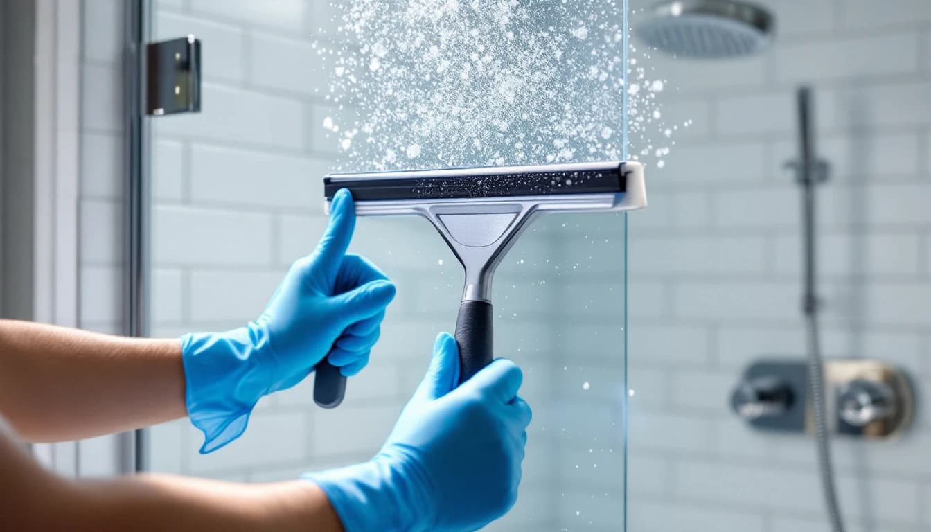 Cleaner in blue gloves wiping a frameless glass shower door with a squeegee in a bright bathroom with white subway tile