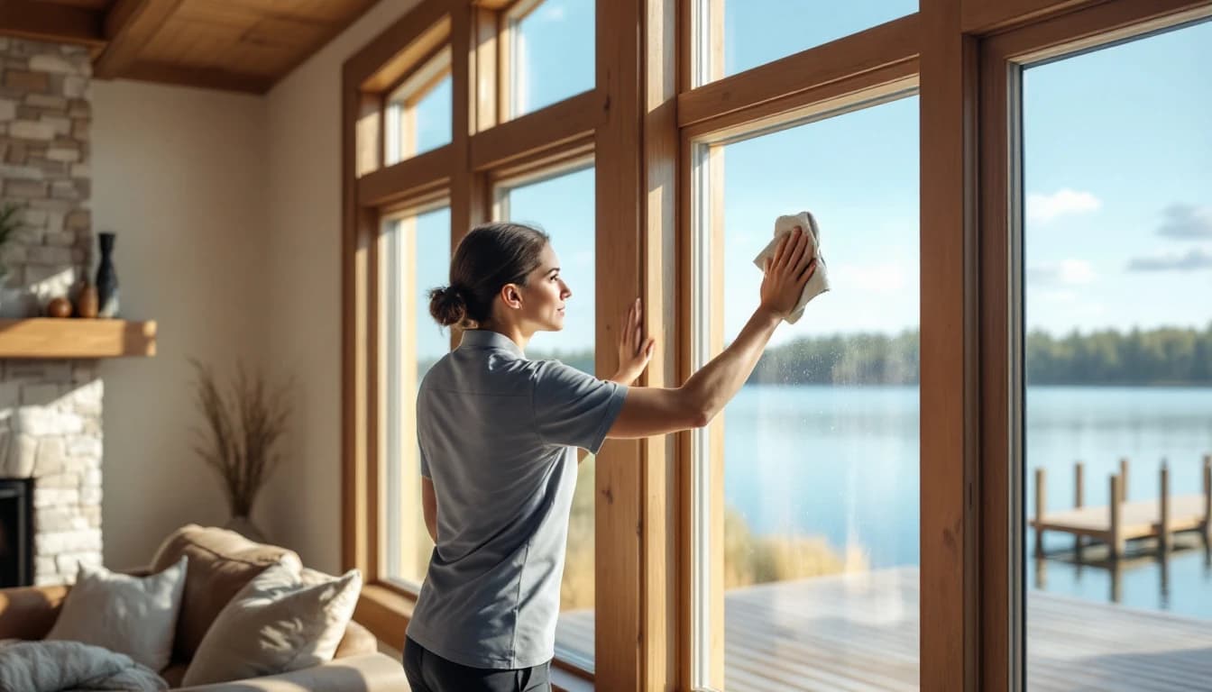 A housekeeper polishing a window overlooking the water in a bright lake house living room in Hood County, Texas