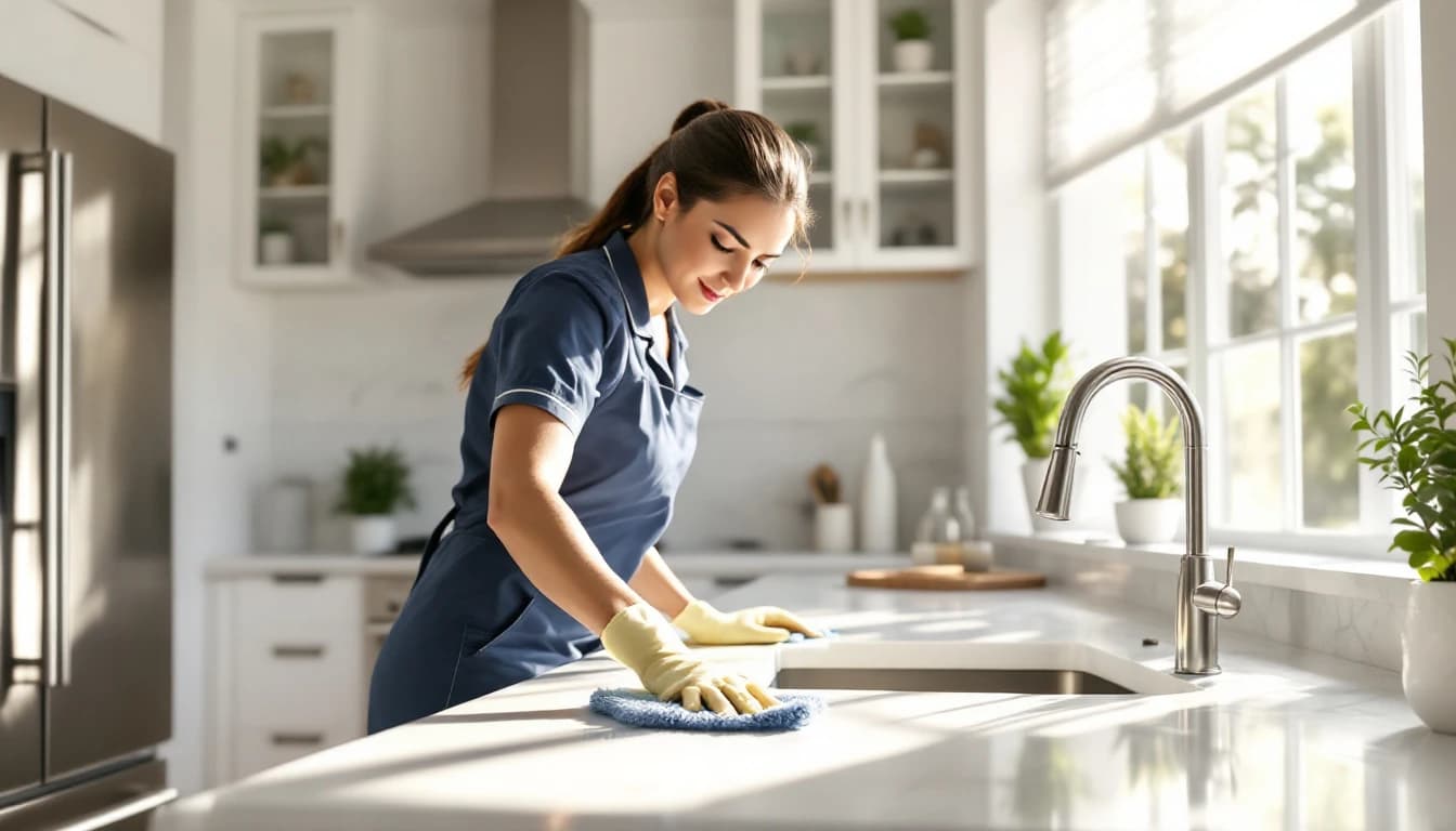 Professional maid cleaning a bright living room in an Arlington, TX home