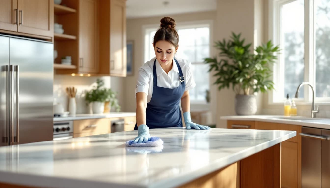 Bright, sunlit kitchen in a large Colleyville custom home being cleaned by a professional maid