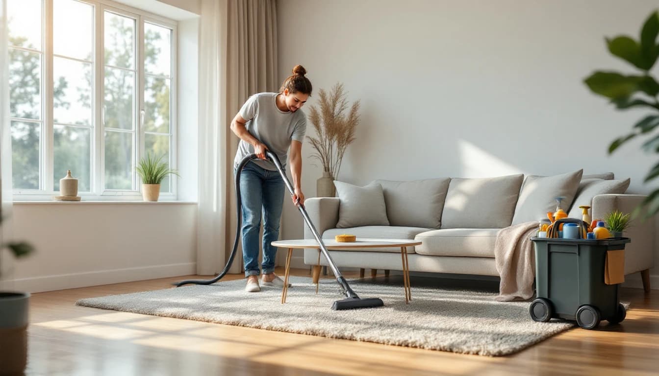 Professional cleaner vacuuming the living room rug of a tidy Fort Worth home