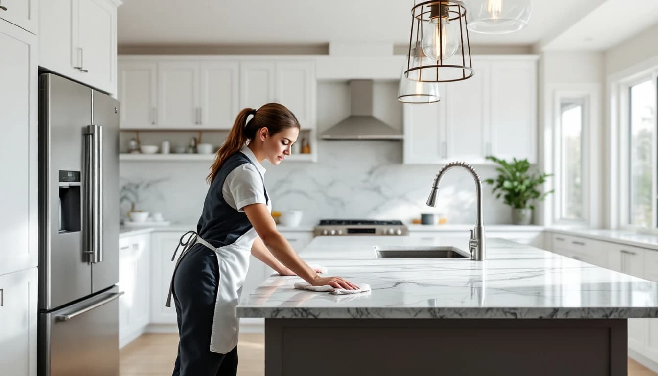 Professional maid cleaning a bright kitchen in a Keller, TX home