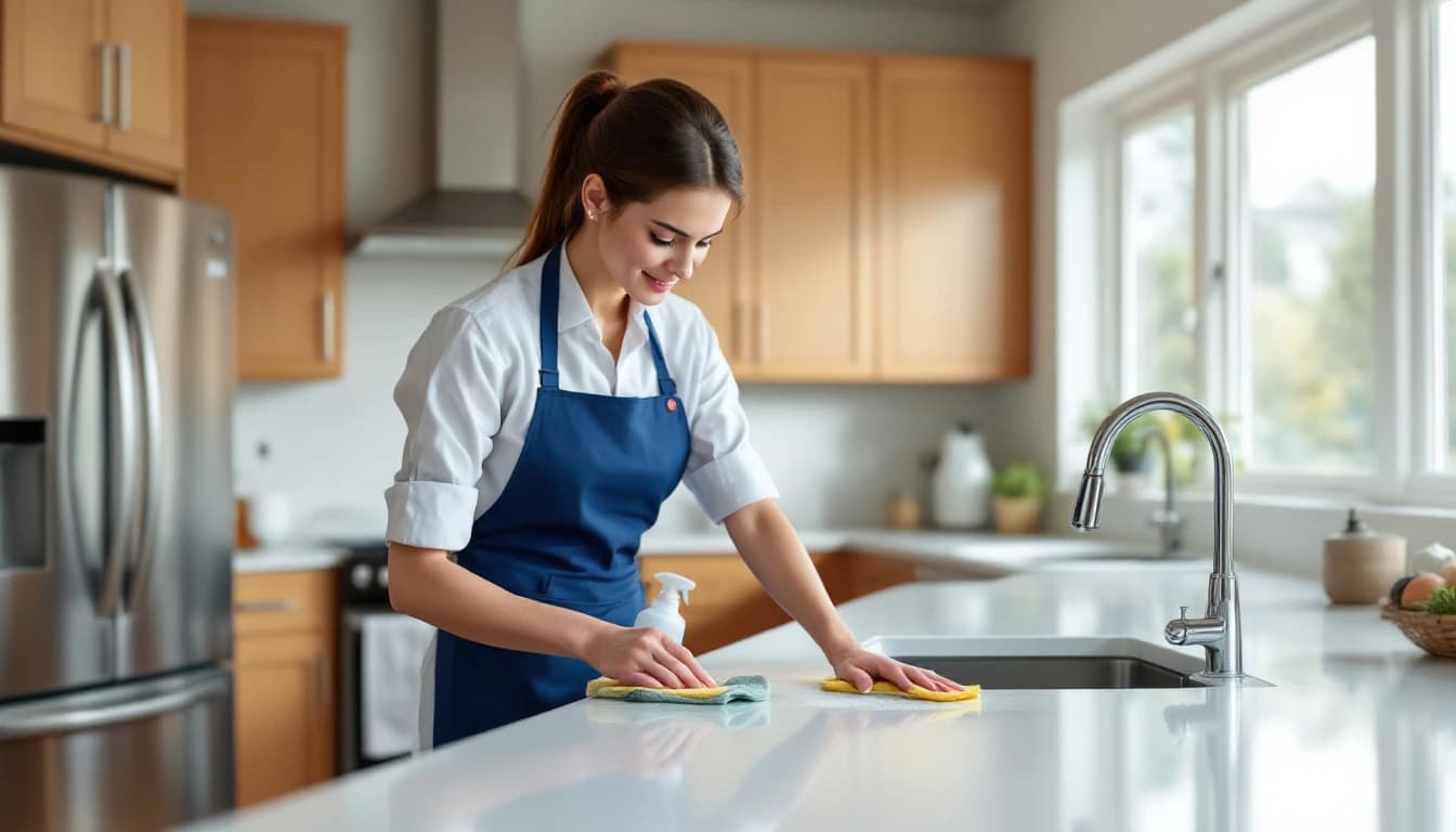 Professional maid cleaning a sunlit living room in a Mansfield, TX home